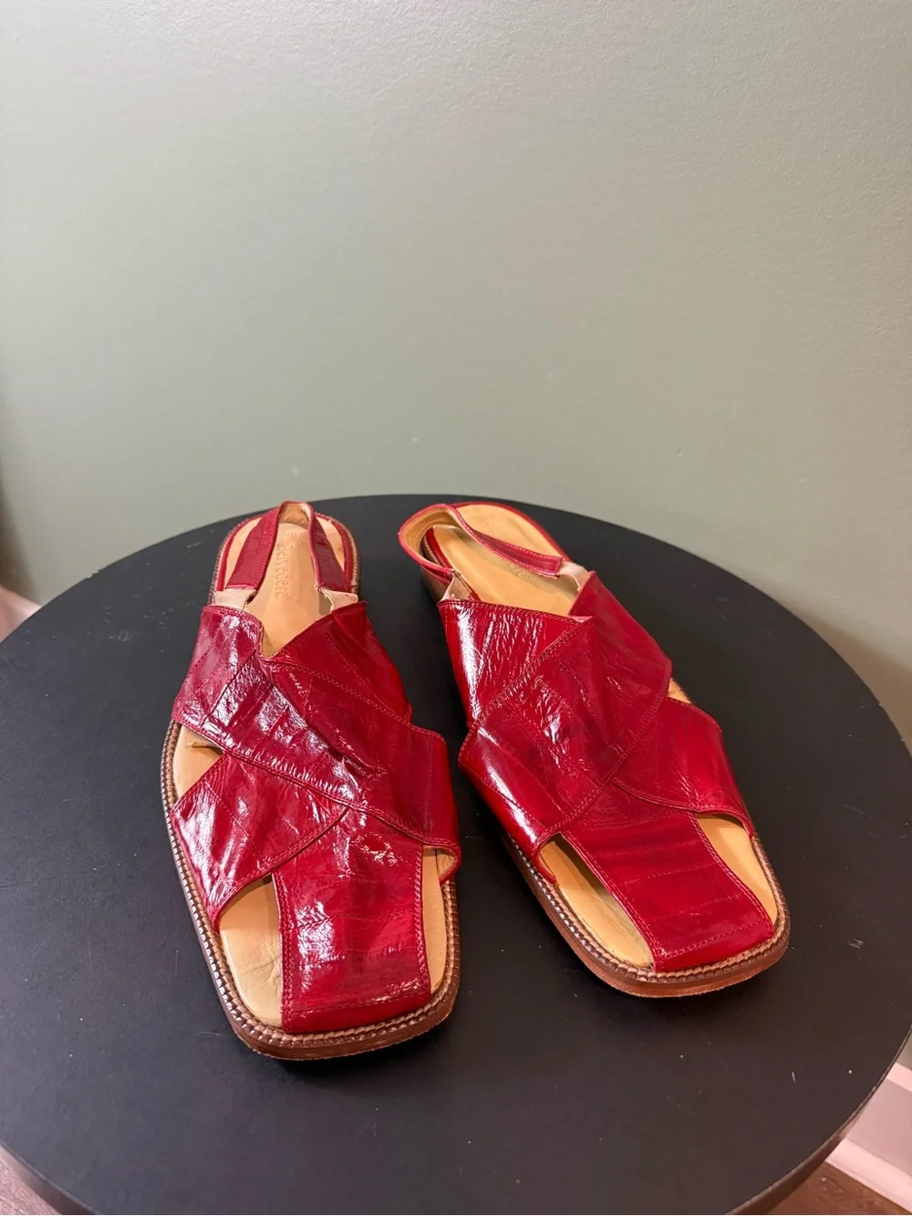 Red Leather Cross-Strap mens Slide Sandals